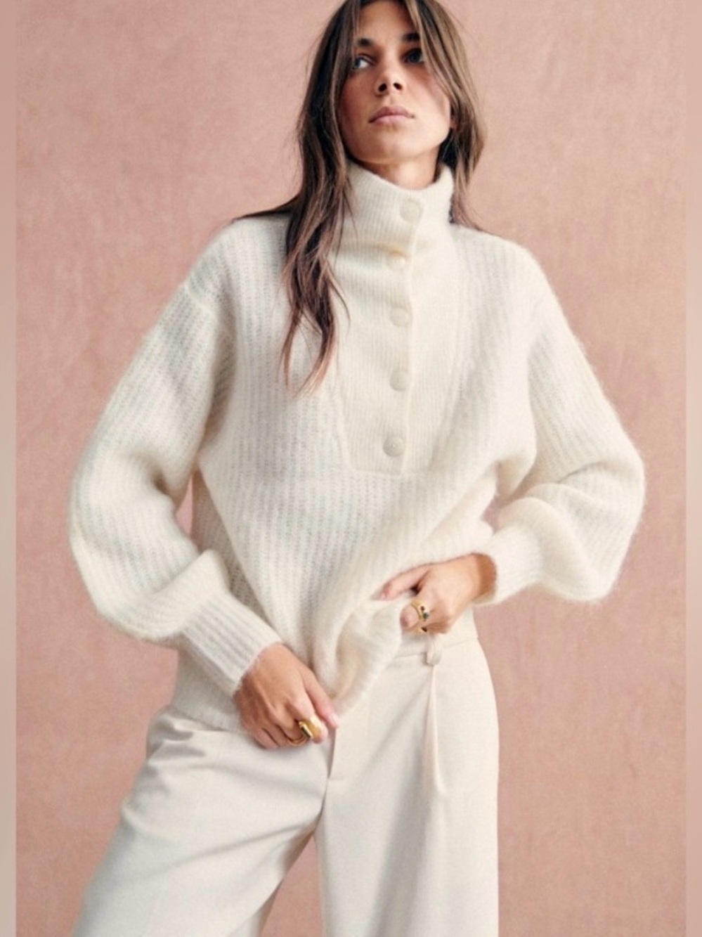 Sezane Cream Button-Front Turtleneck Sweater